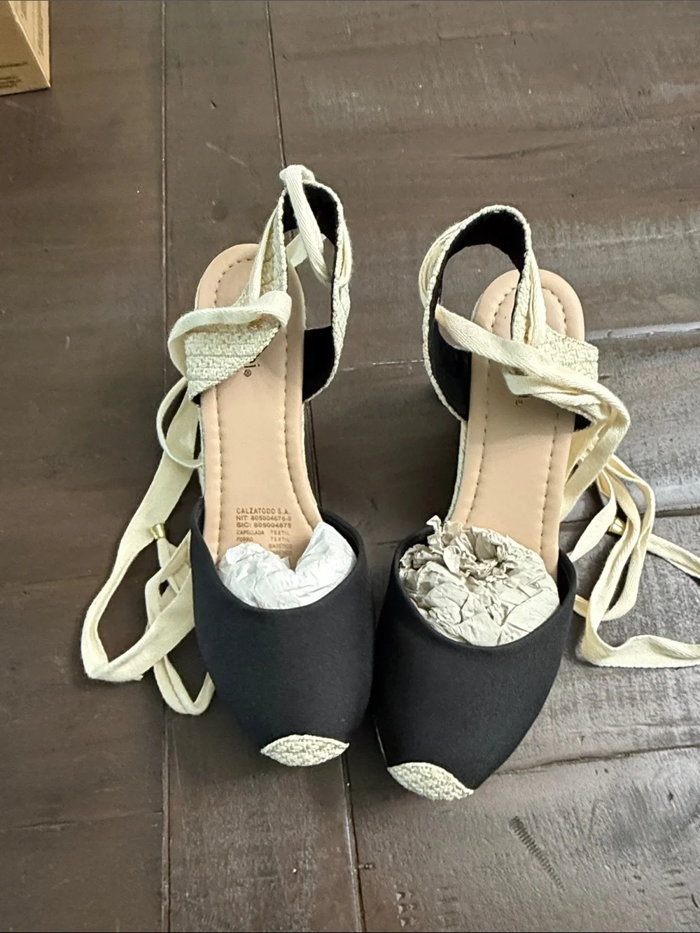 Black and Cream Tie Ankle Espadrille Flats - Women's Shoes